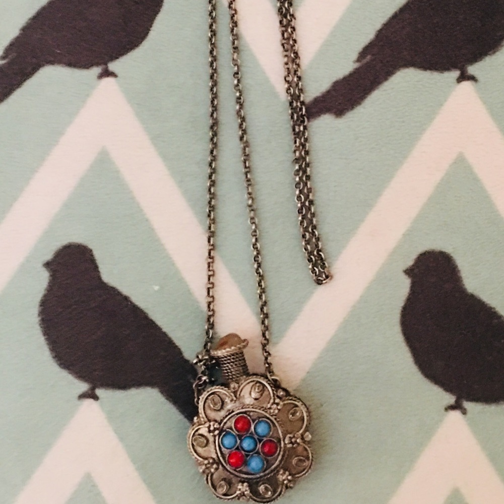 Vintage Silver & Gemstone Perfume Bottle Necklace